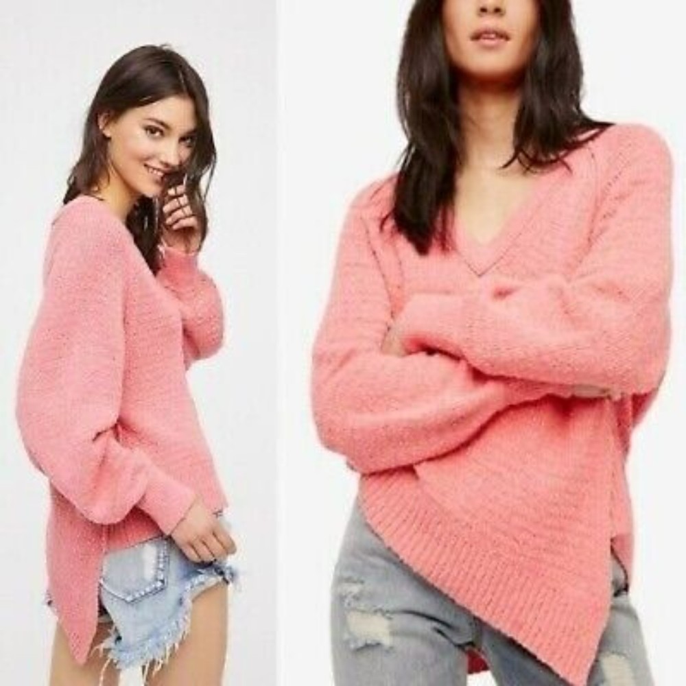 Free People Women's Knit Sweater - West Coast Pink Balloon Sleeve - Small